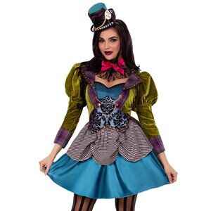 Deluxe Mad Hatter Costume for Women – 3 PC High/Low Velvet Dress with Lace Neck